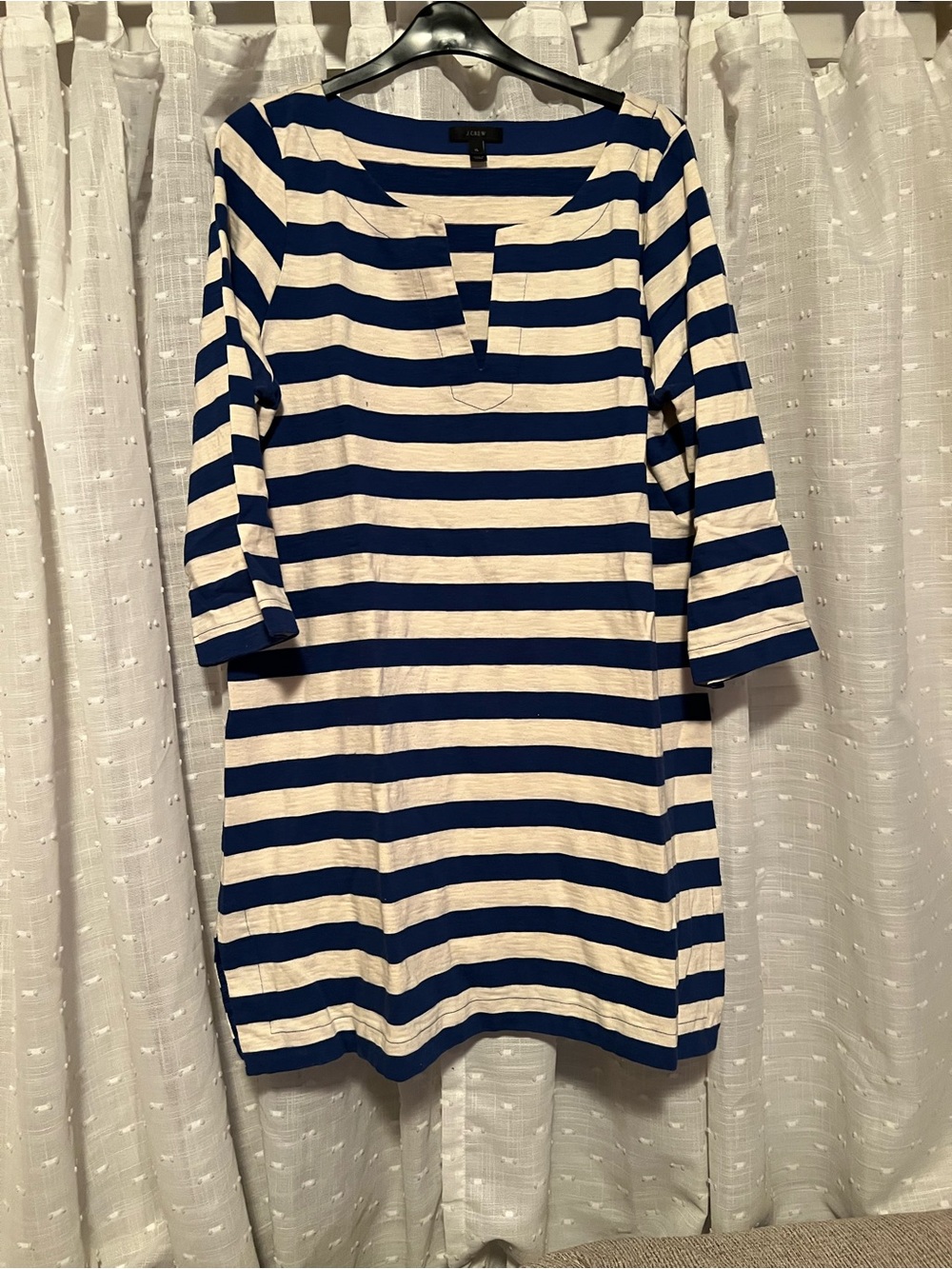 J. Crew Blue and White Striped Split-Neck Top